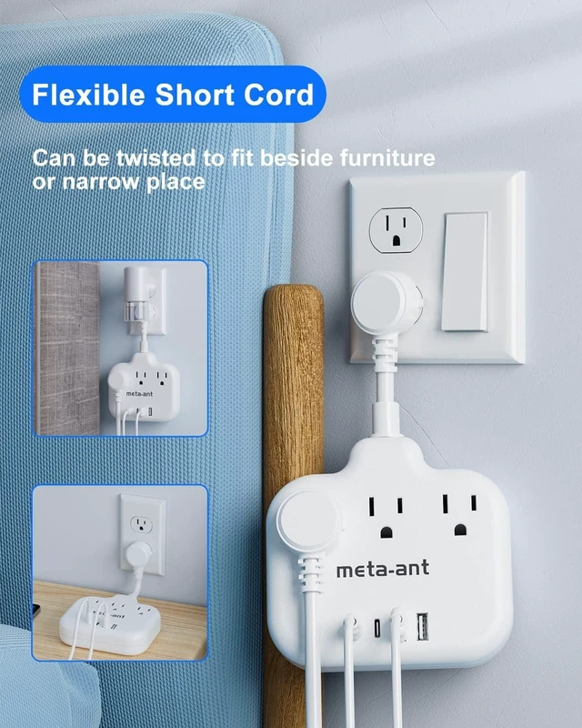 Alt view image 10 of 12 - Short Extension Cord 2 inch, Short Cord Power Strip with 3 Outlets 4 USB(2 USB-C) 17W, Flat Outlet Extender, Non-Blocking, Non-Surge Protection for Cruise Travel Dorm Kitchen Bathroom, White