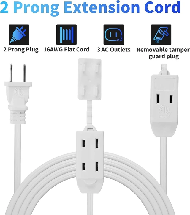 Alt view image 9 of 14 - 2 Prong Extension Cable 15 FT, Extra Long Power Cord With 3 Outlets, Flat Multiple Cable With Tamper Guard, ETL Listed, Outlet Saver, OFC, 16 Gauge Wire, 13A/125V, White With 25 Pcs Ties