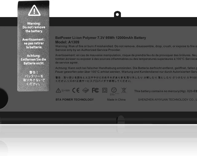 Alt view image 11 of 14 - BatPower A1309 Replacement Laptop Battery for Apple Early 2009 Mid 2009 2010 MacBook Pro 17 inch A1297 EMC 2272 A1297 EMC 2329 EMC 2272 EMC 2352 Battery MacBook Pro 17" A1297 Apple A1309 Battery 95Wh