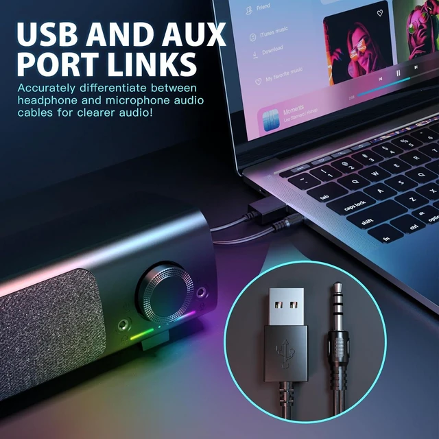 Alt view image 11 of 14 - Computer Speakers, USB Powered 3.5mm AUX PC Sound Bar for Desktop Monitor, Gaming Speakers with Headphones & Microphone Link, Superb Stereo Sound, Plug-n-Play (Black)