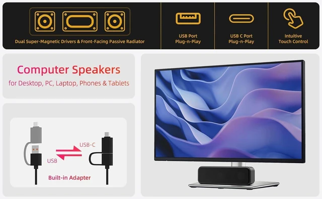 Alt view image 9 of 14 - Computer Speakers for Desktop PC Laptop, Wired, USB Plug-in, External Speakers for Monitor, Small Computer Sound bar for PC, Loud Speaker with Deep Bass, Touch Control, Built-in USB-C to USB Adapter