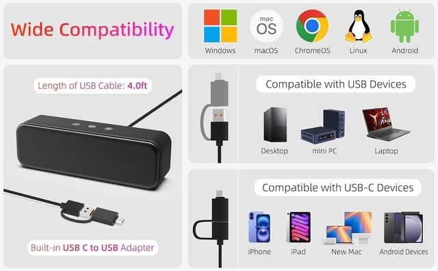 Alt view image 10 of 14 - Computer Speakers for Desktop PC Laptop, Wired, USB Plug-in, External Speakers for Monitor, Small Computer Sound bar for PC, Loud Speaker with Deep Bass, Touch Control, Built-in USB-C to USB Adapter