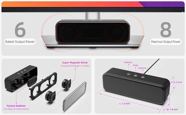 Alt view image 11 of 14 - Computer Speakers for Desktop PC Laptop, Wired, USB Plug-in, External Speakers for Monitor, Small Computer Sound bar for PC, Loud Speaker with Deep Bass, Touch Control, Built-in USB-C to USB Adapter