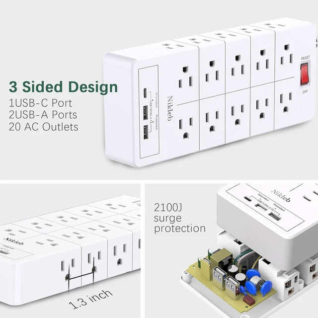 Alt view image 9 of 14 - Power Strip Surge Protector 23 in 1, 6ft Extension Cord with 3 USB Ports Smart 3.1A, Multiple Outlet Adapter 20 Outlets, Outlet Extender Cord Organizer for Office, College, Apartment, Gaming Stuff