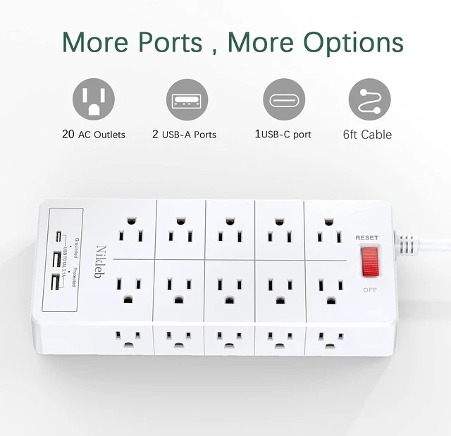 Alt view image 11 of 14 - Power Strip Surge Protector 23 in 1, 6ft Extension Cord with 3 USB Ports Smart 3.1A, Multiple Outlet Adapter 20 Outlets, Outlet Extender Cord Organizer for Office, College, Apartment, Gaming Stuff