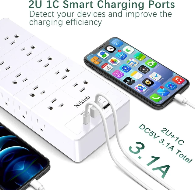 Alt view image 14 of 14 - Power Strip Surge Protector 23 in 1, 6ft Extension Cord with 3 USB Ports Smart 3.1A, Multiple Outlet Adapter 20 Outlets, Outlet Extender Cord Organizer for Office, College, Apartment, Gaming Stuff