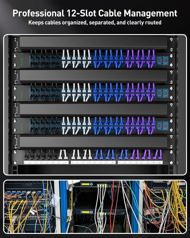 Alt view image 9 of 14 - VCELINK 1U Server Rack Cable Management 12-Slot, 19" Carbon Steel Horizontal Network Cable Management for Network Cabinet, All Metal Black 2-Pack