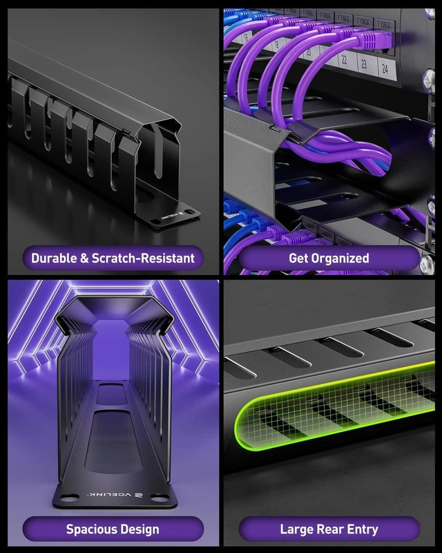 Alt view image 10 of 14 - VCELINK 1U Server Rack Cable Management 12-Slot, 19" Carbon Steel Horizontal Network Cable Management for Network Cabinet, All Metal Black 2-Pack