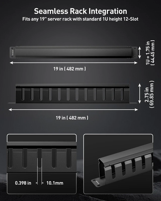 Alt view image 12 of 14 - VCELINK 1U Server Rack Cable Management 12-Slot, 19" Carbon Steel Horizontal Network Cable Management for Network Cabinet, All Metal Black 2-Pack