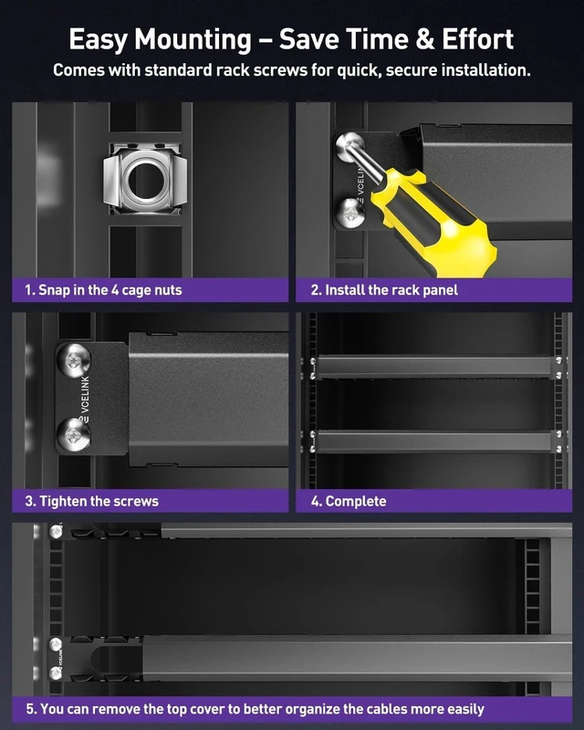 Alt view image 13 of 14 - VCELINK 1U Server Rack Cable Management 12-Slot, 19" Carbon Steel Horizontal Network Cable Management for Network Cabinet, All Metal Black 2-Pack