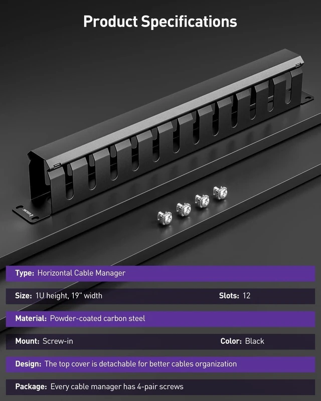 Alt view image 14 of 14 - VCELINK 1U Server Rack Cable Management 12-Slot, 19" Carbon Steel Horizontal Network Cable Management for Network Cabinet, All Metal Black 2-Pack