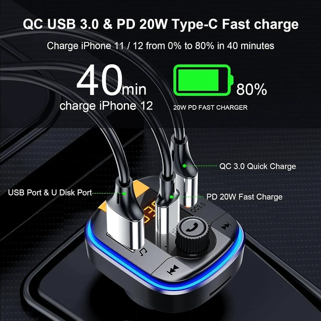 Alt view image 12 of 14 - Bluetooth FM Transmitter for Car - BAISHUN Bluetooth 5.0 Adapter PD20W+QC3.0 Cigarette Lighter Radio Receiver Music Player Car Charger Supports Hands-Free Call Siri Google Assistant