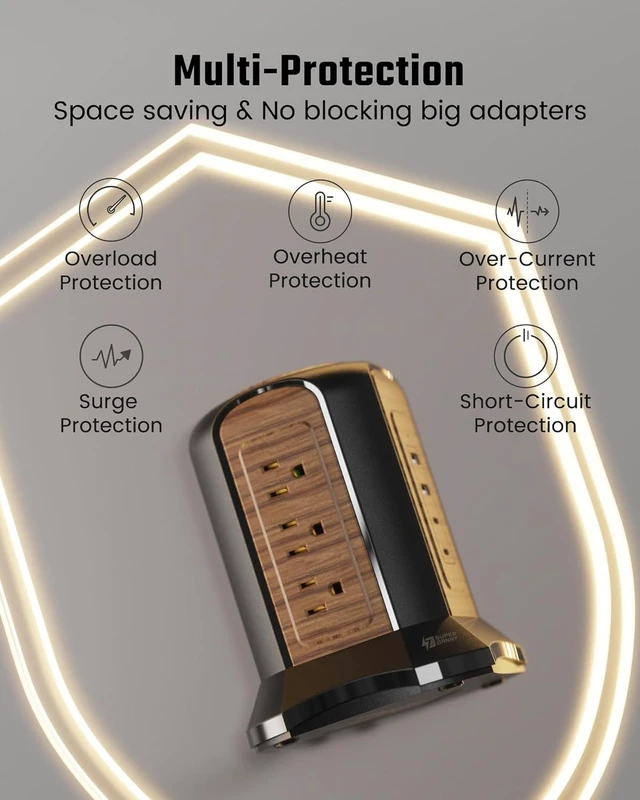 Alt view image 11 of 14 - SUPERDANNY Power Strip Tower Surge Protector, 10 Ft Extension Cord with Multiple Outlets, 9 Outlets, 4 USB Ports (2 USB C), 1080 Joules, 3-Prong, Grounded, Charging Station for Home, Office, Brown