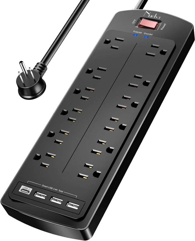 Alt view image 8 of 14 - Power Strip, Nuetsa Surge Protector with 12 Outlets and 4 USB Ports, 6 Feet Flat Plug Extension Cord (1875W/15A) for for Home, Office, Dorm Essentials, 2700 Joules, ETL Listed (Black)
