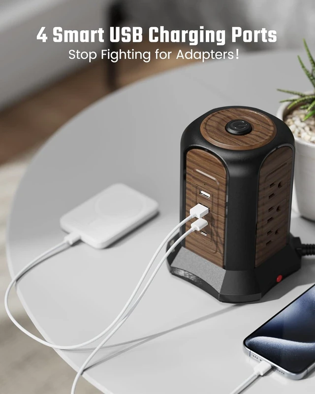 Alt view image 14 of 14 - SUPERDANNY Power Strip Tower Surge Protector, 10 Ft Extension Cord with Multiple Outlets, 9 Outlets, 4 USB Ports (2 USB C), 1080 Joules, 3-Prong, Grounded, Charging Station for Home, Office, Brown