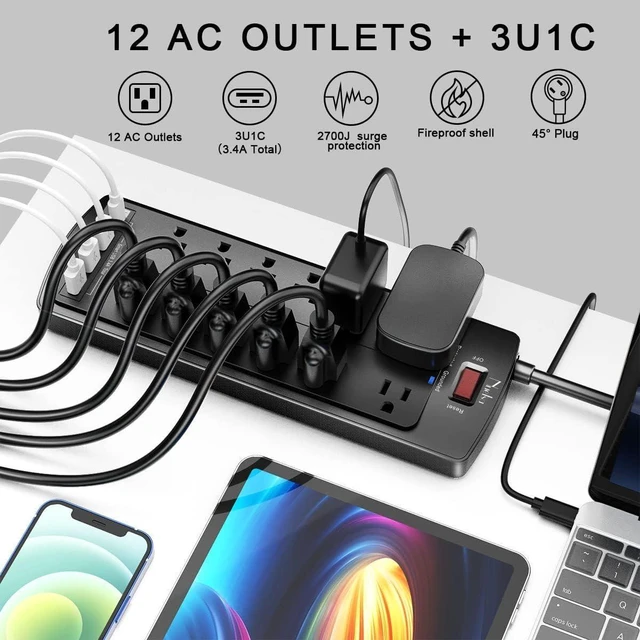 Alt view image 9 of 14 - Power Strip, Nuetsa Surge Protector with 12 Outlets and 4 USB Ports, 6 Feet Flat Plug Extension Cord (1875W/15A) for for Home, Office, Dorm Essentials, 2700 Joules, ETL Listed (Black)