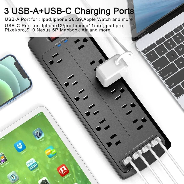 Alt view image 11 of 14 - Power Strip, Nuetsa Surge Protector with 12 Outlets and 4 USB Ports, 6 Feet Flat Plug Extension Cord (1875W/15A) for for Home, Office, Dorm Essentials, 2700 Joules, ETL Listed (Black)