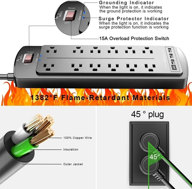 Alt view image 13 of 14 - Power Strip, Nuetsa Surge Protector with 12 Outlets and 4 USB Ports, 6 Feet Flat Plug Extension Cord (1875W/15A) for for Home, Office, Dorm Essentials, 2700 Joules, ETL Listed (Black)
