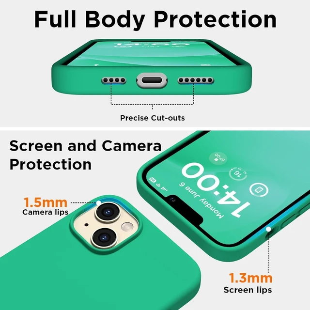 Alt view image 10 of 14 - Designed for iPhone 14 Plus Case Silicone, with 2X Screen Protectors, Full Body Shockproof Protective Cover, Liquid Silicone Slim Thin Phone Case for iPhone 14 Plus 6.7", Emerald Green