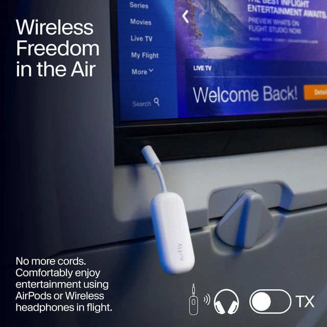 Alt view image 11 of 14 - Twelve South AirFly Pro | Bluetooth Wireless Transmitter/Receiver Adapter for 2 Headphones, Audio Sharing, Compatible with 3.5mm aux Jack for Airplanes, TV, Gym, Stereo, and Travel, 25+ Hr Battery