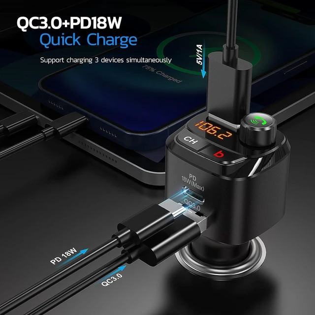 Alt view image 8 of 12 - Nulaxy Bluetooth 5.0 FM Transmitter for Car, QC3.0 & USB-C PD 18W Wireless Bluetooth Radio Adapter Music Player Car Kit with Bass Booster, Hands-Free Calls-NX12