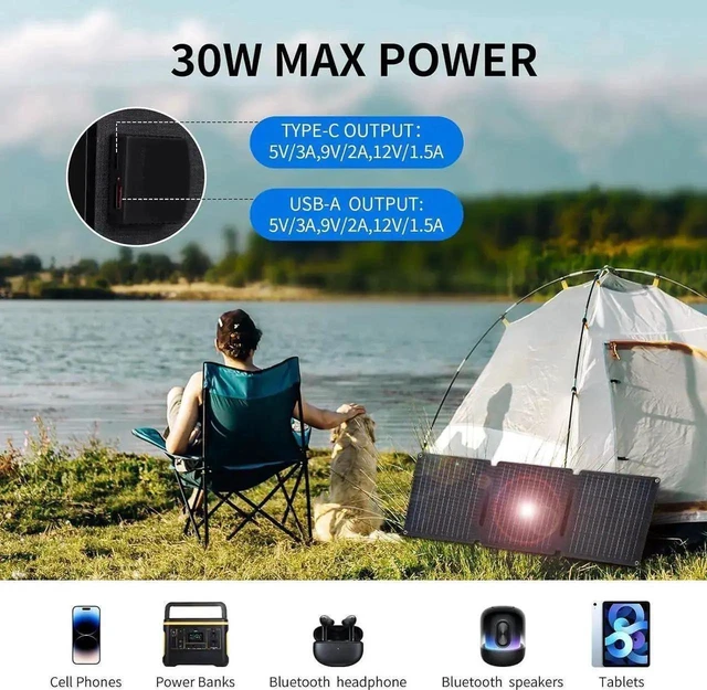 Alt view image 9 of 14 - 30W Portable Solar Panel Foldable Solar Panels Charger for Camping Hiking Outdoor IP65 ETFE Waterproof Panel Solar Kit with 3 Transfer Conectors DC/Type-C/USB/QC3.0 Output