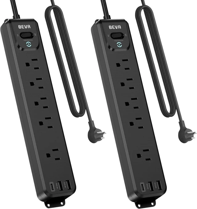 Alt view image 8 of 14 - 2 Pack Surge Protector Power Strip, 10FT Long Extension Cord with 5 Widely Spaced Outlets 3 USB Ports (1 USB C Port), Flat Overload Protection, 900 Joules, Wall Mount for Home Office Dorm, ETL Listed