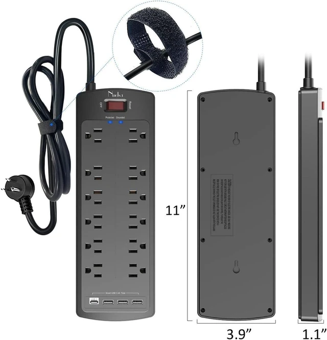 Alt view image 14 of 14 - Power Strip, Nuetsa Surge Protector with 12 Outlets and 4 USB Ports, 6 Feet Flat Plug Extension Cord (1875W/15A) for for Home, Office, Dorm Essentials, 2700 Joules, ETL Listed (Black)