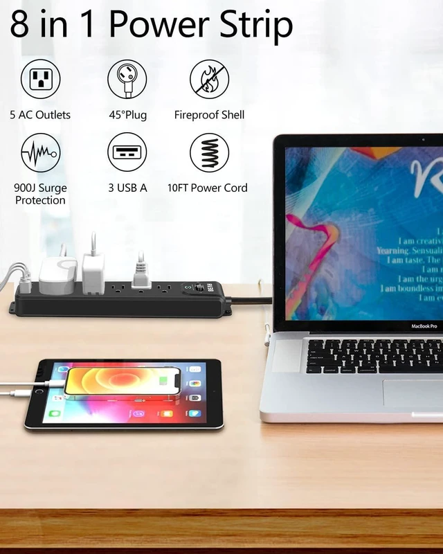 Alt view image 9 of 14 - 2 Pack Surge Protector Power Strip, 10FT Long Extension Cord with 5 Widely Spaced Outlets 3 USB Ports (1 USB C Port), Flat Overload Protection, 900 Joules, Wall Mount for Home Office Dorm, ETL Listed