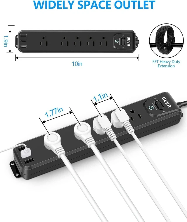 Alt view image 13 of 14 - 2 Pack Surge Protector Power Strip, 10FT Long Extension Cord with 5 Widely Spaced Outlets 3 USB Ports (1 USB C Port), Flat Overload Protection, 900 Joules, Wall Mount for Home Office Dorm, ETL Listed