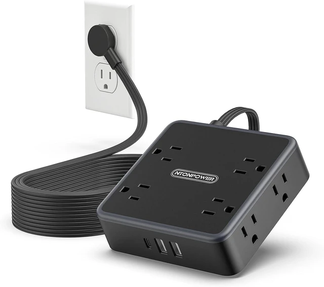 Alt view image 8 of 14 - NTONPOWER Flat Extension Cord 25 FT in Black with 8 Widely Outlets 3 USB Ports (1 USB C), 1080J Long Surge Protector Power Strip, Wall Mountable, Flat Plug Desk Charging Station Dorm Room Essentials