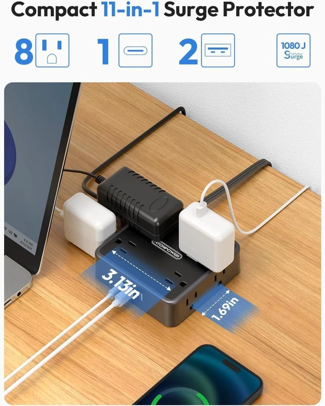 Alt view image 9 of 14 - NTONPOWER Flat Extension Cord 25 FT in Black with 8 Widely Outlets 3 USB Ports (1 USB C), 1080J Long Surge Protector Power Strip, Wall Mountable, Flat Plug Desk Charging Station Dorm Room Essentials