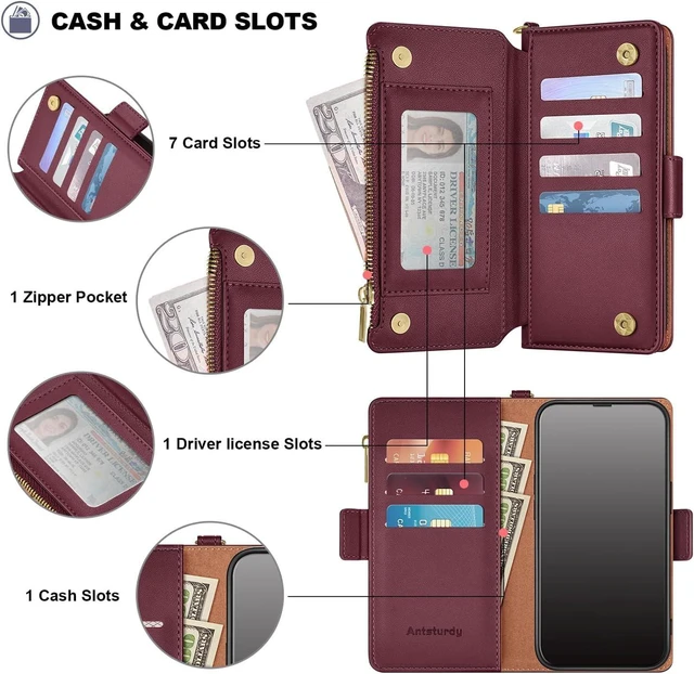 Alt view image 13 of 14 - Antsturdy Compatible with Samsung Galaxy A54 5G Wallet Case with Card Holder Phone Case RFID Blocking PU Leather Flip Cover with Strap Zipper Credit Card Slots,for Women Men,Wine Red