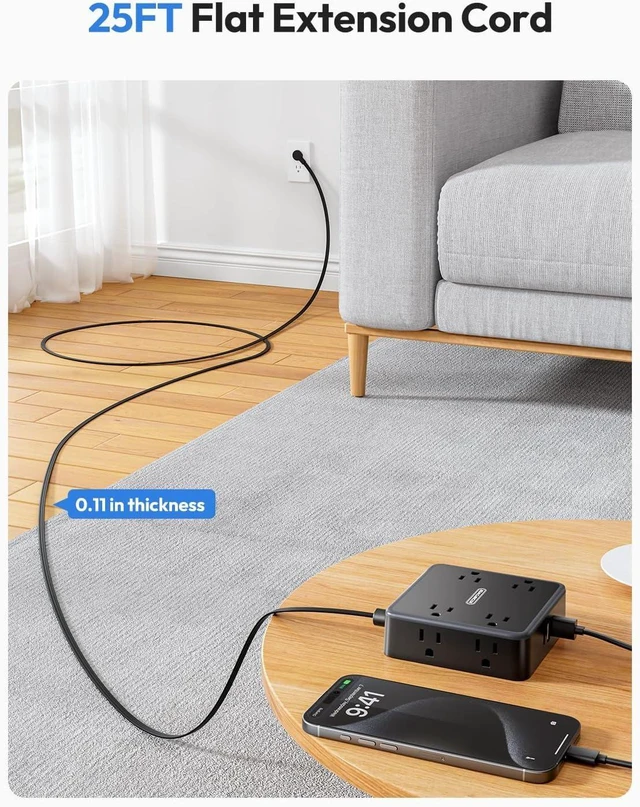 Alt view image 10 of 14 - NTONPOWER Flat Extension Cord 25 FT in Black with 8 Widely Outlets 3 USB Ports (1 USB C), 1080J Long Surge Protector Power Strip, Wall Mountable, Flat Plug Desk Charging Station Dorm Room Essentials