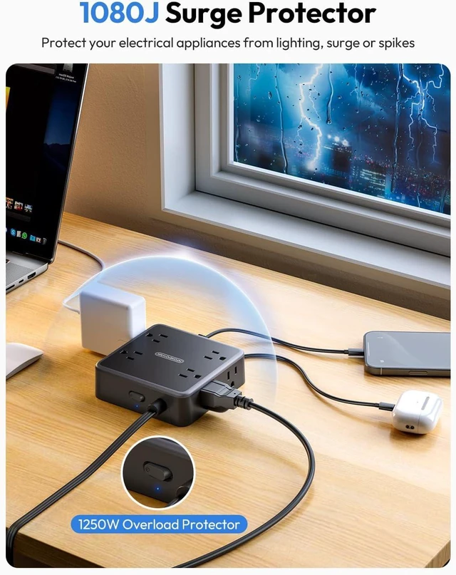 Alt view image 12 of 14 - NTONPOWER Flat Extension Cord 25 FT in Black with 8 Widely Outlets 3 USB Ports (1 USB C), 1080J Long Surge Protector Power Strip, Wall Mountable, Flat Plug Desk Charging Station Dorm Room Essentials