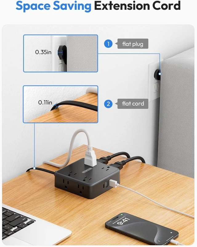 Alt view image 14 of 14 - NTONPOWER Flat Extension Cord 25 FT in Black with 8 Widely Outlets 3 USB Ports (1 USB C), 1080J Long Surge Protector Power Strip, Wall Mountable, Flat Plug Desk Charging Station Dorm Room Essentials