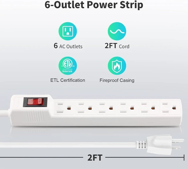Alt view image 9 of 14 - Power Strip Surge Protector 2-Pack - 6 Outlets & 2 Ft Extension Cord, 1875W/15A 90 Joules, Overload & Surge Protection, Wall Mount for Home Office, ETL Listed White