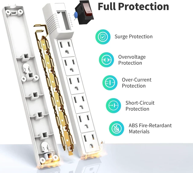 Alt view image 10 of 14 - Power Strip Surge Protector 2-Pack - 6 Outlets & 2 Ft Extension Cord, 1875W/15A 90 Joules, Overload & Surge Protection, Wall Mount for Home Office, ETL Listed White
