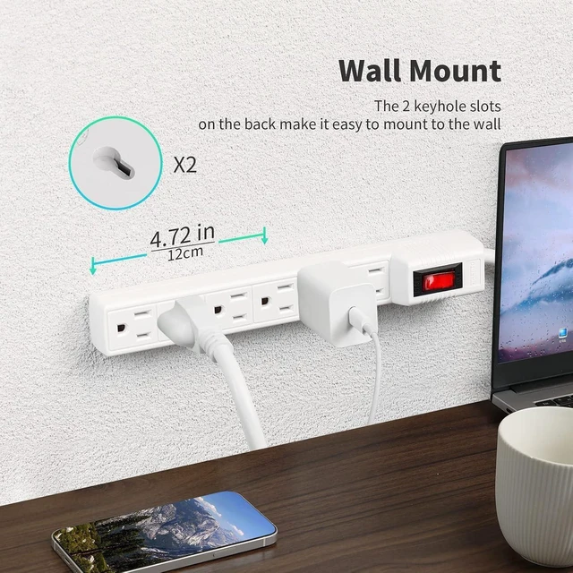 Alt view image 12 of 14 - Power Strip Surge Protector 2-Pack - 6 Outlets & 2 Ft Extension Cord, 1875W/15A 90 Joules, Overload & Surge Protection, Wall Mount for Home Office, ETL Listed White
