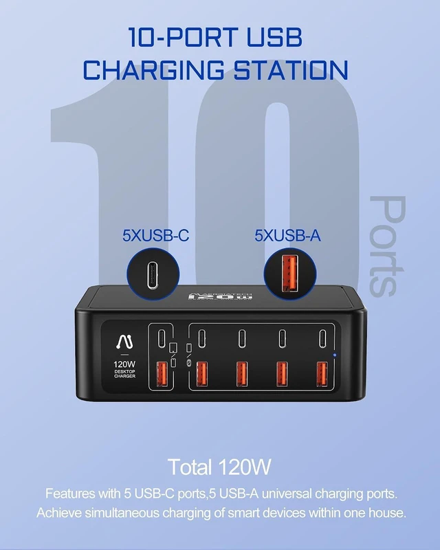 Alt view image 11 of 14 - 10-Ports USB C Charging Station, 120W Travel USB Power Strip with EU European Plug and US Plug, Multiport Charging Hub for iPhone 15/14/13/12, iPad Air/Pro, Galaxy -Black