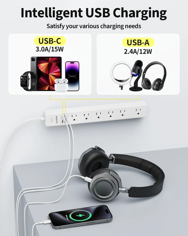 Alt view image 11 of 14 - 10 Ft Power Strip Surge Protector - 7 Outlets 4 USB Ports (2 USB C), Ultra Thin Flat Extension Cord & Flat Plug, 1700 Joules, Wall Mount, Desk Charging Station for Home Office Dorm, White