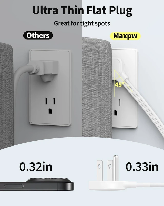 Alt view image 12 of 14 - 10 Ft Power Strip Surge Protector - 7 Outlets 4 USB Ports (2 USB C), Ultra Thin Flat Extension Cord & Flat Plug, 1700 Joules, Wall Mount, Desk Charging Station for Home Office Dorm, White