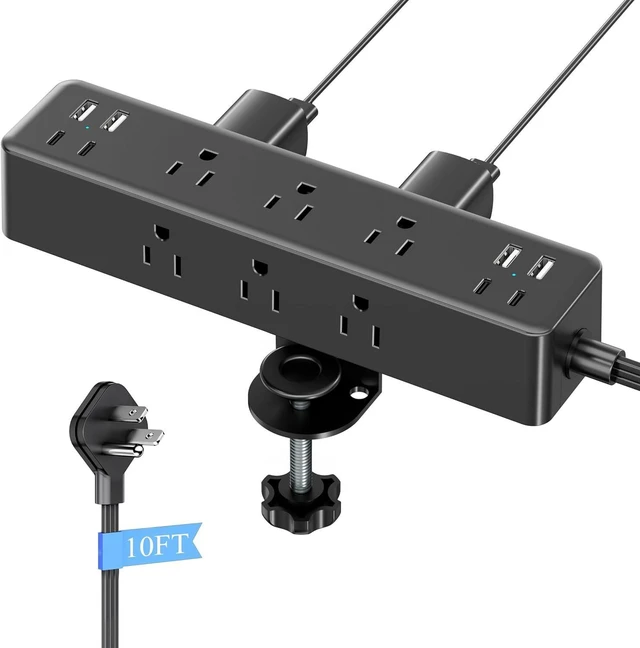 Alt view image 7 of 12 - Flat Plug Desk Clamp Power Strip 10FT, 24W Total Charging Station, Desk Edge Mount Power Strip 9 AC Outlets 8 USB Ports Surge Protector, Fit 1.7" Tabletop Edge, Home Office Accessories