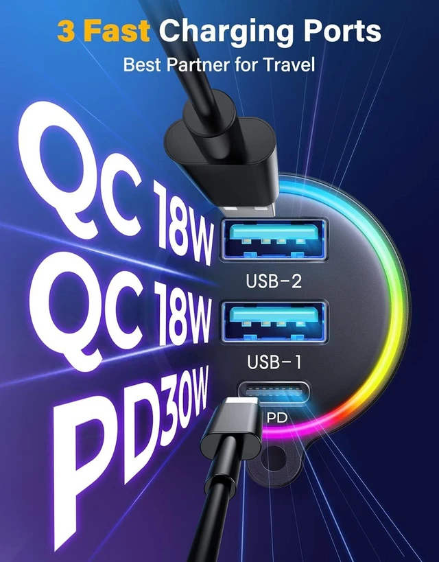 Alt view image 13 of 14 - JOYROOM 66W Bluetooth 5.4 Car Adapter Aux with 3 Charging PortsPD 30W & 2 * 18WAir Vent Installation for Safe Deep HiFi Bass Player Wireless Radio FM Transmitter for Car with Colorful LED Light