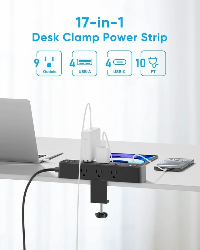 Alt view image 8 of 12 - Flat Plug Desk Clamp Power Strip 10FT, 24W Total Charging Station, Desk Edge Mount Power Strip 9 AC Outlets 8 USB Ports Surge Protector, Fit 1.7" Tabletop Edge, Home Office Accessories