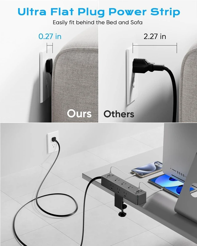 Alt view image 10 of 12 - Flat Plug Desk Clamp Power Strip 10FT, 24W Total Charging Station, Desk Edge Mount Power Strip 9 AC Outlets 8 USB Ports Surge Protector, Fit 1.7" Tabletop Edge, Home Office Accessories