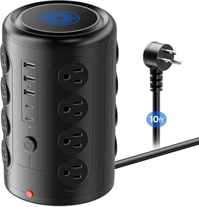Alt view image 7 of 12 - Surge Protector Power Strip 10 FT Cord, TenTrend Vertical Power Tower with 16 Outlets and 5 USB Ports (2 USB-C), 1875W 2000J Charging Station for Home Office Desk, Dorm Room Essentials, Black