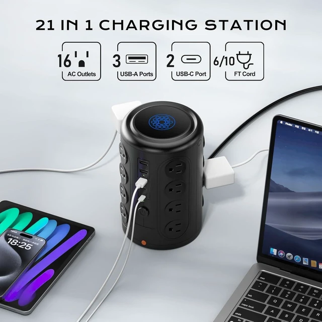Alt view image 8 of 12 - Surge Protector Power Strip 10 FT Cord, TenTrend Vertical Power Tower with 16 Outlets and 5 USB Ports (2 USB-C), 1875W 2000J Charging Station for Home Office Desk, Dorm Room Essentials, Black