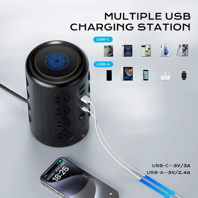 Alt view image 9 of 12 - Surge Protector Power Strip 10 FT Cord, TenTrend Vertical Power Tower with 16 Outlets and 5 USB Ports (2 USB-C), 1875W 2000J Charging Station for Home Office Desk, Dorm Room Essentials, Black