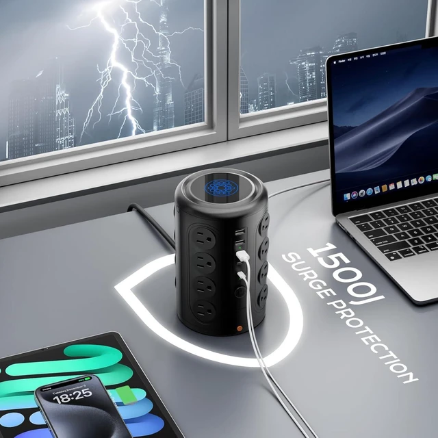Alt view image 10 of 12 - Surge Protector Power Strip 10 FT Cord, TenTrend Vertical Power Tower with 16 Outlets and 5 USB Ports (2 USB-C), 1875W 2000J Charging Station for Home Office Desk, Dorm Room Essentials, Black